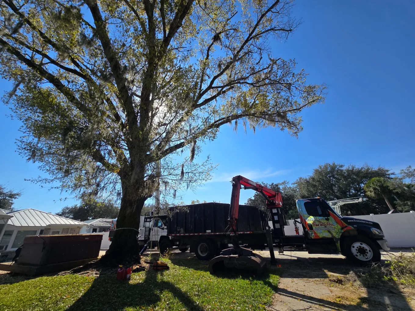 Grapple truck parked beneath a large oak draped in Spanish moss