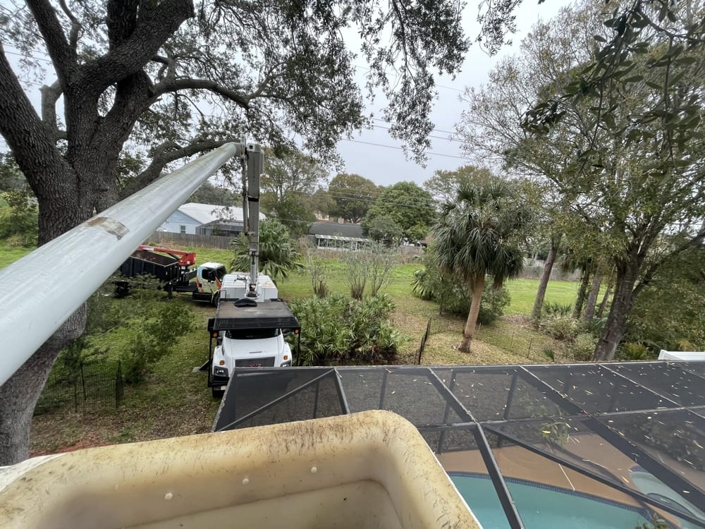 Aerial view from the bucket over a pool enclosure